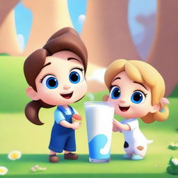 Create a Disney Pixar style poster featuring cute and beautiful chibi characters in a 3D anime-inspired cartoon style, drinking milk with a cow