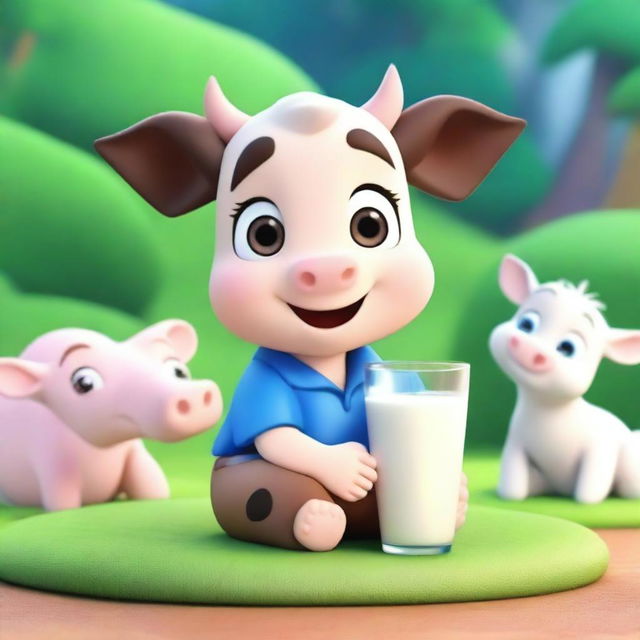 Create a Disney Pixar style poster featuring cute and beautiful chibi characters in a 3D anime-inspired cartoon style, drinking milk with a cow