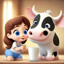 Create a Disney Pixar style poster featuring cute and beautiful chibi characters in a 3D anime-inspired cartoon style, drinking milk with a cow