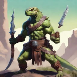 A fierce male Lizardfolk barbarian stands ready for battle, wielding a menacing whip