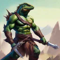 A fierce male Lizardfolk barbarian stands ready for battle, wielding a menacing whip