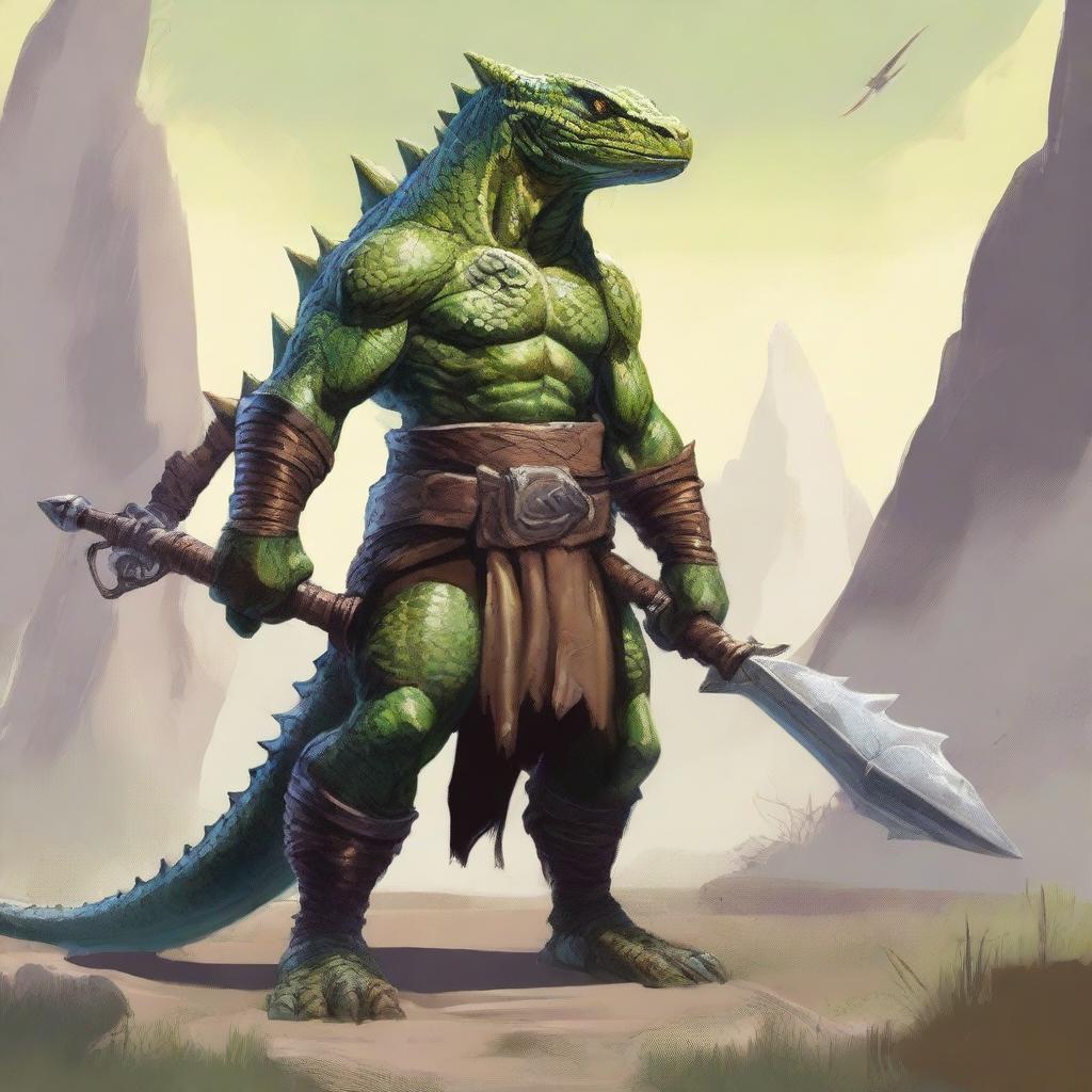 A fierce male Lizardfolk barbarian stands ready for battle, wielding a menacing whip