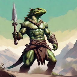 A fierce male Lizardfolk barbarian stands ready for battle, wielding a menacing whip