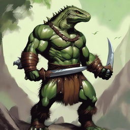 A powerful male barbarian Lizardfolk stands tall, showcasing his muscular physique and battle-ready stance