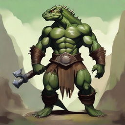 A powerful male barbarian Lizardfolk stands tall, showcasing his muscular physique and battle-ready stance