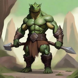 A powerful male barbarian Lizardfolk stands tall, showcasing his muscular physique and battle-ready stance