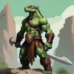 A powerful male barbarian Lizardfolk stands tall, showcasing his muscular physique and battle-ready stance