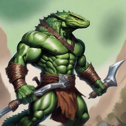 A fierce male barbarian Lizardfolk from Dungeons & Dragons stands ready for battle, wielding a menacing whip