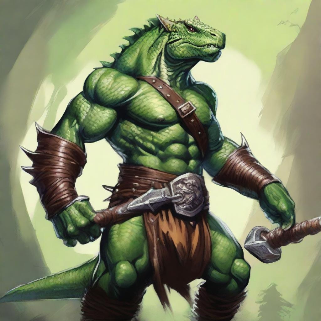 A fierce male barbarian Lizardfolk from Dungeons & Dragons stands ready for battle, wielding a menacing whip