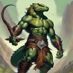 A fierce male barbarian Lizardfolk from Dungeons & Dragons stands ready for battle, wielding a menacing whip