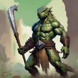 A fierce male barbarian Lizardfolk from Dungeons & Dragons stands ready for battle, wielding a menacing whip