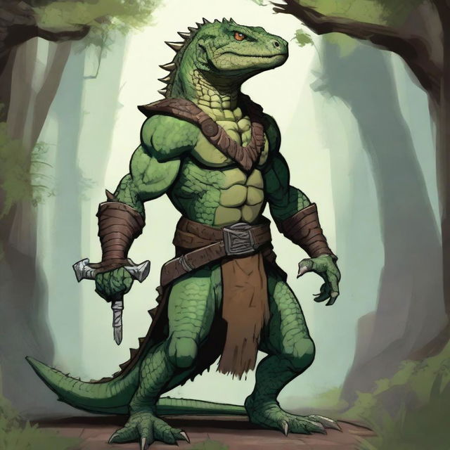 A detailed illustration of a male Lizardfolk character from Dungeons & Dragons