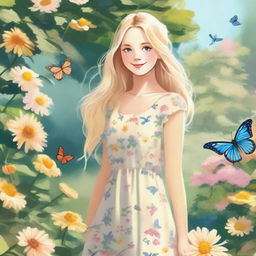 A detailed illustration of a blonde girl with long hair, wearing a summer dress, standing in a beautiful garden filled with blooming flowers and butterflies