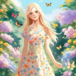 A detailed illustration of a blonde girl with long hair, wearing a summer dress, standing in a beautiful garden filled with blooming flowers and butterflies