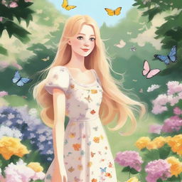 A detailed illustration of a blonde girl with long hair, wearing a summer dress, standing in a beautiful garden filled with blooming flowers and butterflies