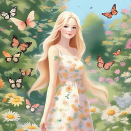 A detailed illustration of a blonde girl with long hair, wearing a summer dress, standing in a beautiful garden filled with blooming flowers and butterflies