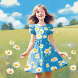 A young girl standing in a sunny meadow with flowers around her