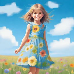 A young girl standing in a sunny meadow with flowers around her