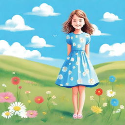 A young girl standing in a sunny meadow with flowers around her