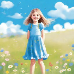 A young girl standing in a sunny meadow with flowers around her