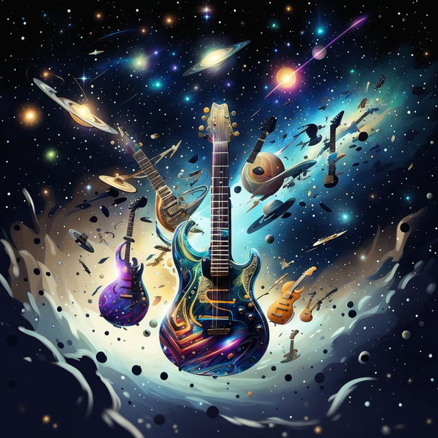 A mesmerizing scene of uniquely designed guitars flying through space, illuminated by glowing strings and set against a cosmic backdrop of stars, galaxies, and planets