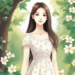 A detailed illustration of a girl with a pleasant expression, standing in a natural setting with trees and flowers around her