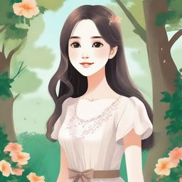 A detailed illustration of a girl with a pleasant expression, standing in a natural setting with trees and flowers around her