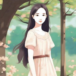 A detailed illustration of a girl with a pleasant expression, standing in a natural setting with trees and flowers around her