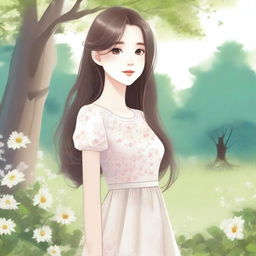 A detailed illustration of a girl with a pleasant expression, standing in a natural setting with trees and flowers around her