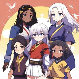 A Caucasian boy with white hair and a blue uniform, a Chinese girl with a purple bandana around her black hair and a black and gold uniform, and an African-American girl with black and white hair and a red uniform surround a girl with wavy hair and light sun-kissed skin