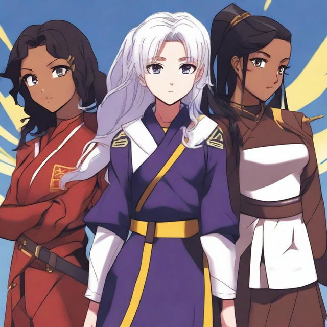 A Caucasian boy with white hair and a blue uniform, a Chinese girl with a purple bandana around her black hair and a black and gold uniform, and an African-American girl with black and white hair and a red uniform surround a girl with wavy hair and light sun-kissed skin