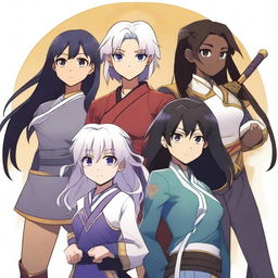 A Caucasian boy with white hair and a blue uniform, a Chinese girl with a purple bandana around her black hair and a black and gold uniform, and an African-American girl with black and white hair and a red uniform surround a girl with wavy hair and light sun-kissed skin