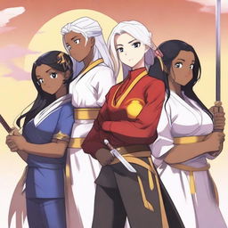 A Caucasian boy with white hair and a blue uniform, a Chinese girl with a purple bandana around her black hair and a black and gold uniform, and an African-American girl with black and white hair and a red uniform surround a girl with wavy hair and light sun-kissed skin