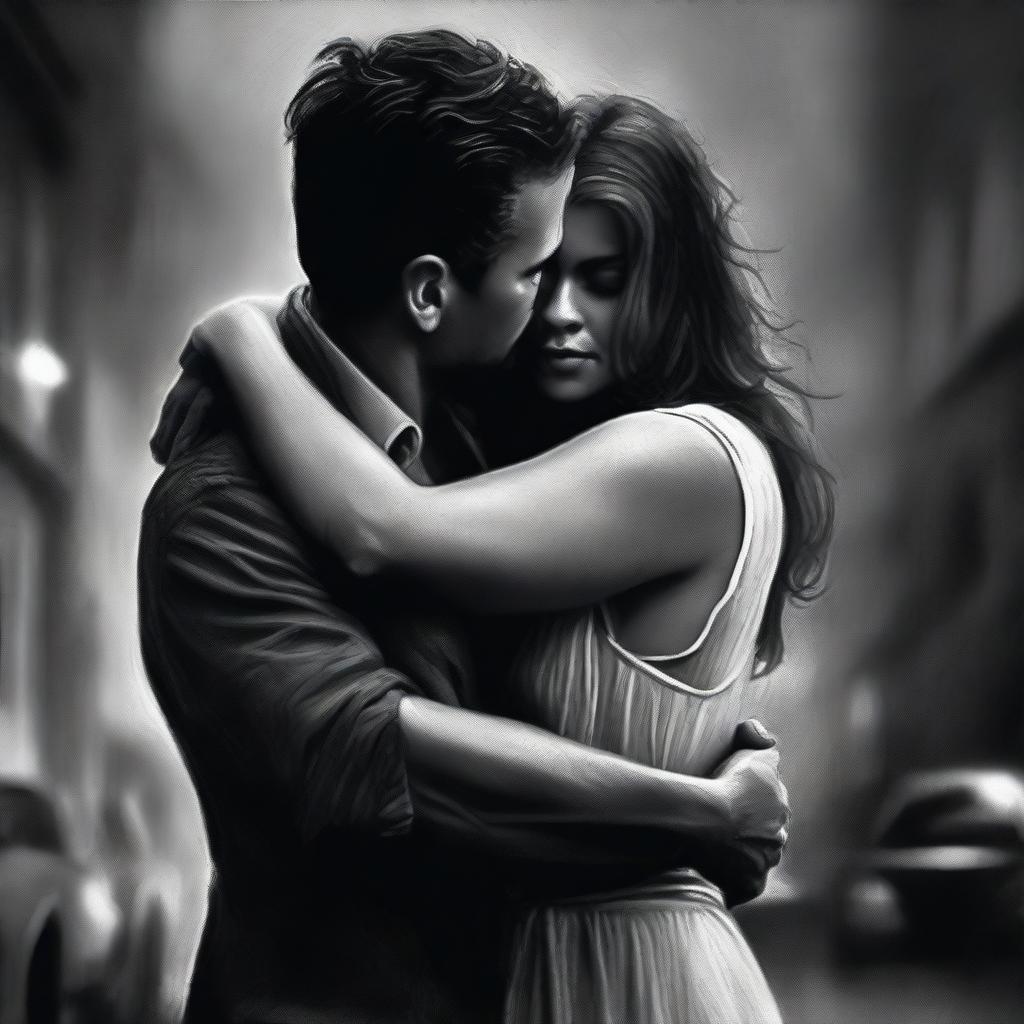 A very beautiful modern photorealistic painting of a dark photo of a voluptuous woman hugging a man