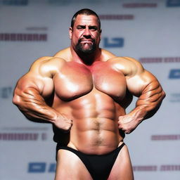 A 380lbs, immensely hypertrophic, hirsute, brunet, super-heavyweight muscleman with enormous arms, standing posing on a brightly lit contest stage and flexing one raised arm to display a gigantic, unfeasibly tall, towering, grotesquely peaked bicep