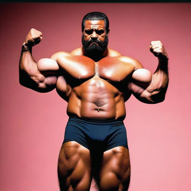 A 380lbs, immensely hypertrophic, hirsute, brunet, super-heavyweight muscleman with enormous arms, standing posing on a brightly lit contest stage and flexing one raised arm to display a gigantic, unfeasibly tall, towering, grotesquely peaked bicep