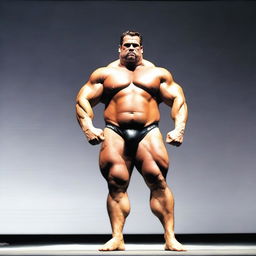 A 380lbs, immensely hypertrophic, hirsute, brunet, super-heavyweight muscleman with enormous arms, standing posing on a brightly lit contest stage and flexing one raised arm to display a gigantic, unfeasibly tall, towering, grotesquely peaked bicep