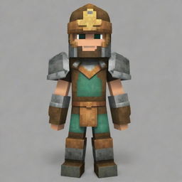 Create a warrior Minecraft skin with strong armor, a fierce helmet and a brave expression. The color scheme should use earthy, metallic tones with details of scratches and worn patinas.