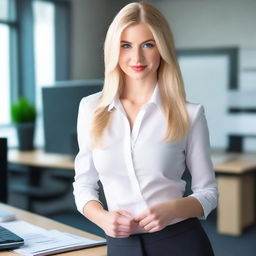 A 20 to 25-year-old blonde white girl wearing sexy office clothes