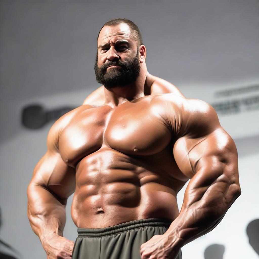 A 380lbs, immensely hypertrophic, hirsute, brunet, super-heavyweight muscleman with enormous arms, standing posing on a brightly lit contest stage and flexing one raised arm to display a gigantic, unfeasibly tall, towering, grotesquely peaked bicep