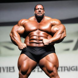 A 380lbs, immensely hypertrophic, hirsute, brunet, super-heavyweight muscleman with enormous arms, standing posing on a brightly lit contest stage and flexing one raised arm to display a gigantic, unfeasibly tall, towering, grotesquely peaked bicep