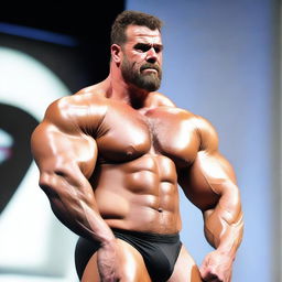 A 380lbs, immensely hypertrophic, hirsute, brunet, super-heavyweight muscleman with enormous arms, standing posing on a brightly lit contest stage and flexing one raised arm to display a gigantic, unfeasibly tall, towering, grotesquely peaked bicep