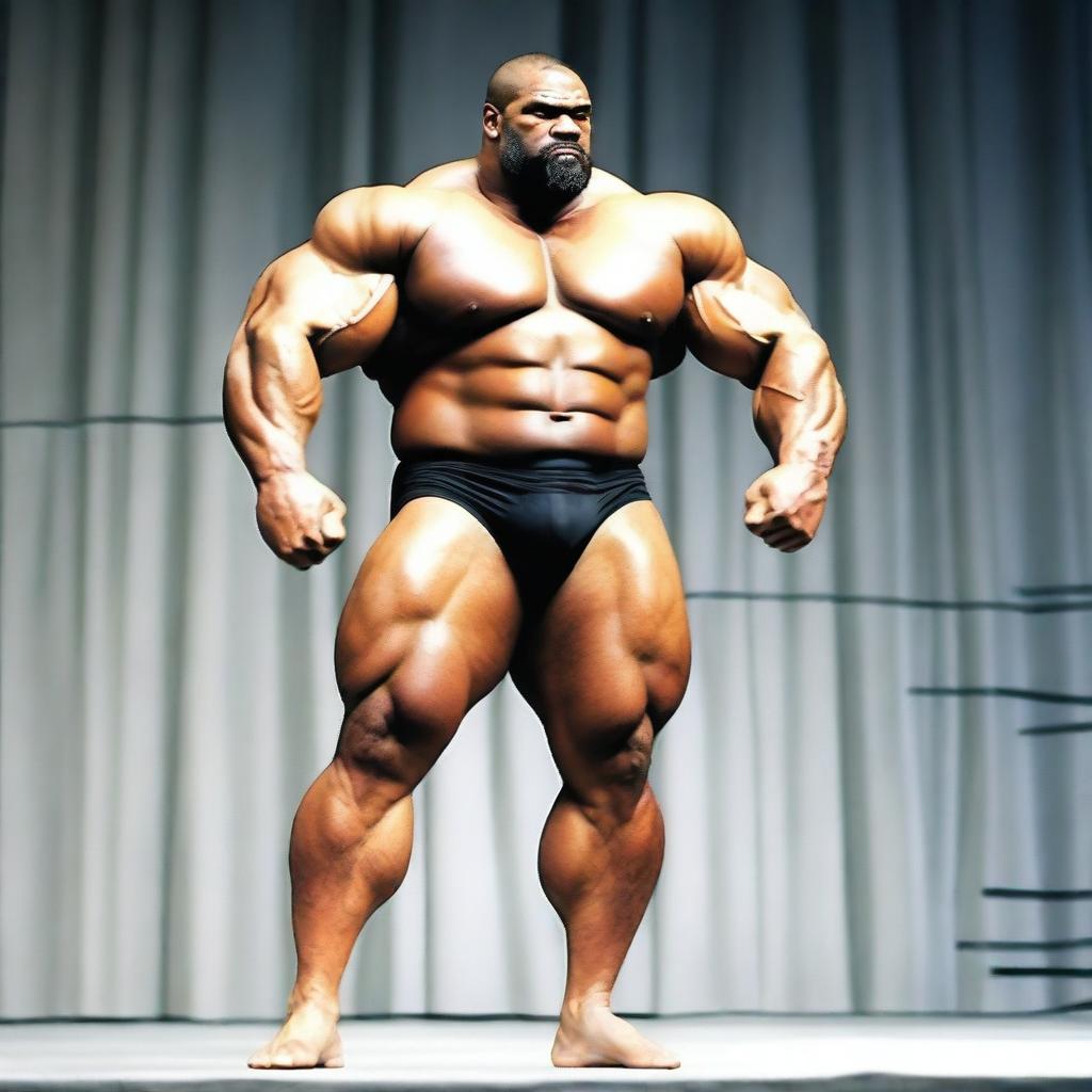 A 380lbs, immensely hypertrophic, hirsute, brunet, super-heavyweight muscleman with enormous arms, standing posing on a brightly lit contest stage and flexing one raised arm to display a gigantic, unfeasibly tall, towering, grotesquely peaked bicep