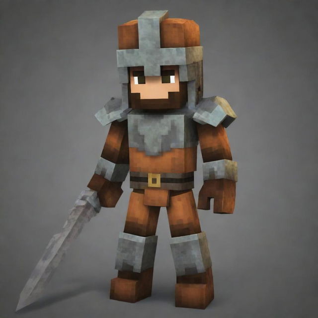 Create a warrior Minecraft skin with strong armor, a fierce helmet and a brave expression. The color scheme should use earthy, metallic tones with details of scratches and worn patinas.