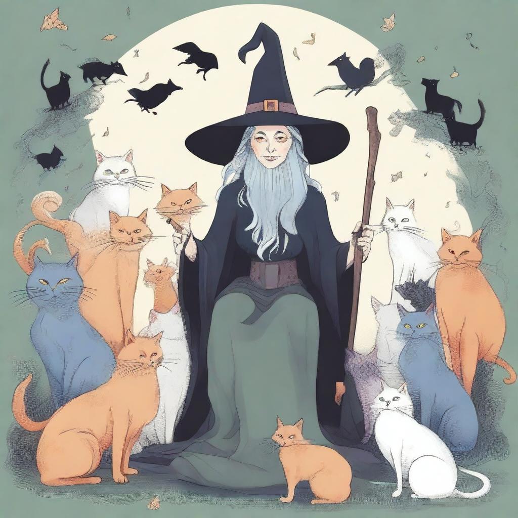 A detailed illustration of an old witch surrounded by several cats