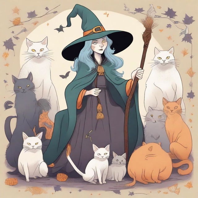 A detailed illustration of an old witch surrounded by several cats