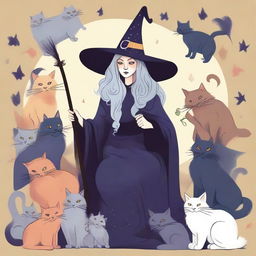 A detailed illustration of an old witch surrounded by several cats