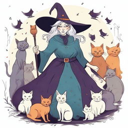 A detailed illustration of an old witch surrounded by several cats