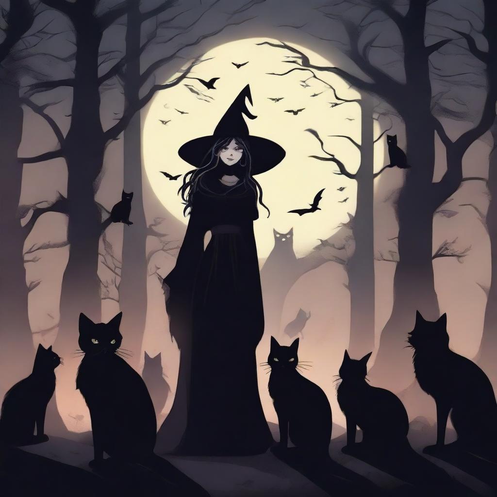 A dark and mysterious scene featuring a witch surrounded by stray cats