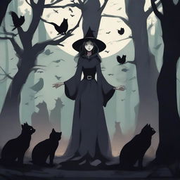 A dark and mysterious scene featuring a witch surrounded by stray cats